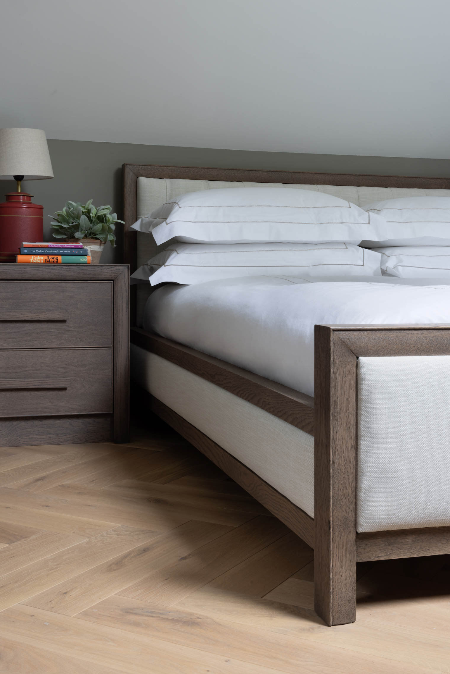 Lancaster Bedside table and Lancaster bed with upholstered panels - Bedroom Furniture - Humphrey Munson