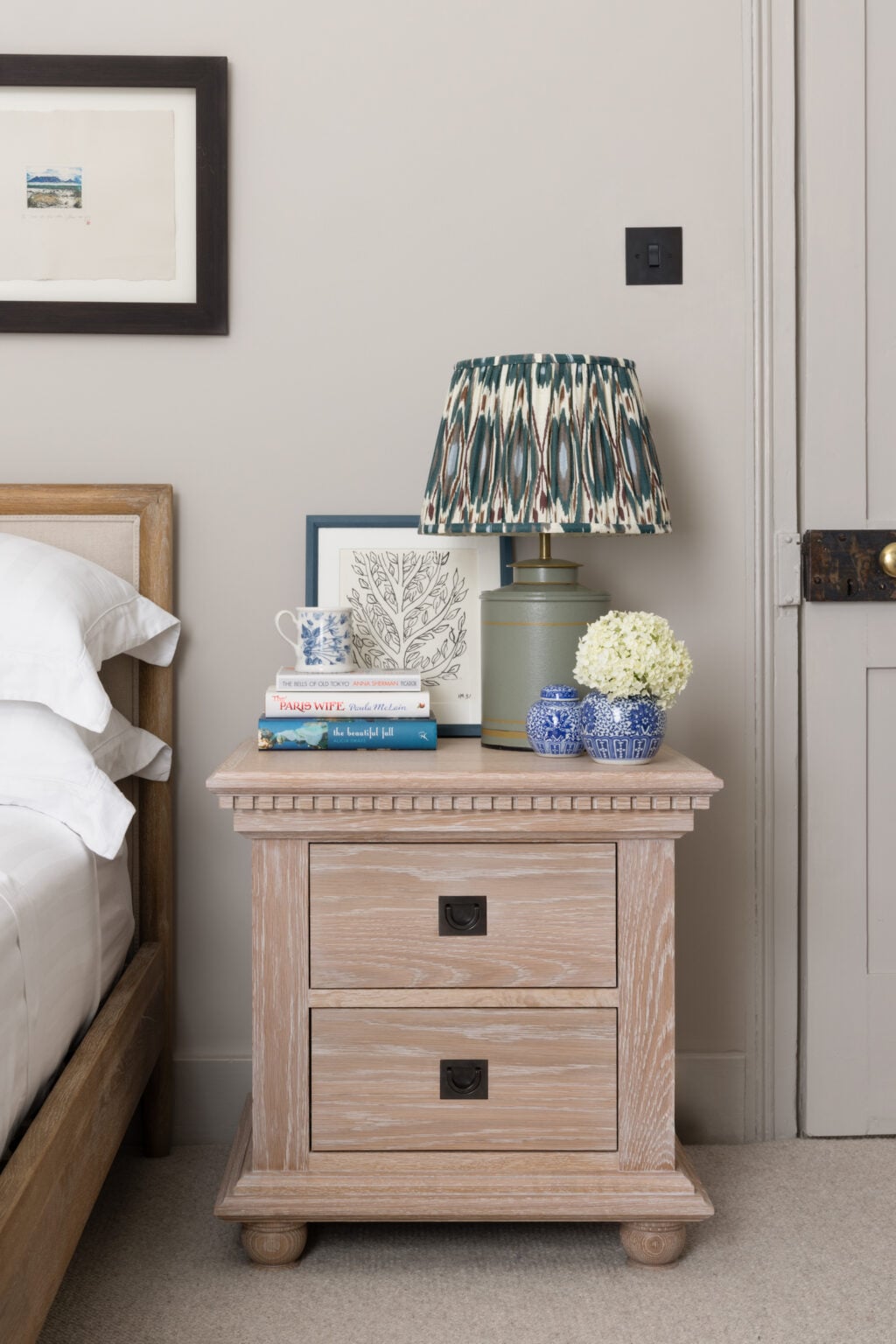 Jasper bedside table, in Portman oak and dentil block detail
