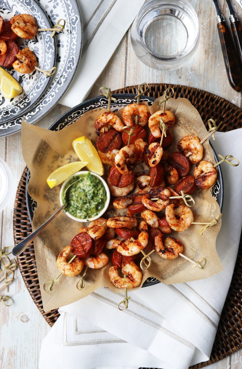 Grilled Prawn and Chorizo skewers with salsa verde
